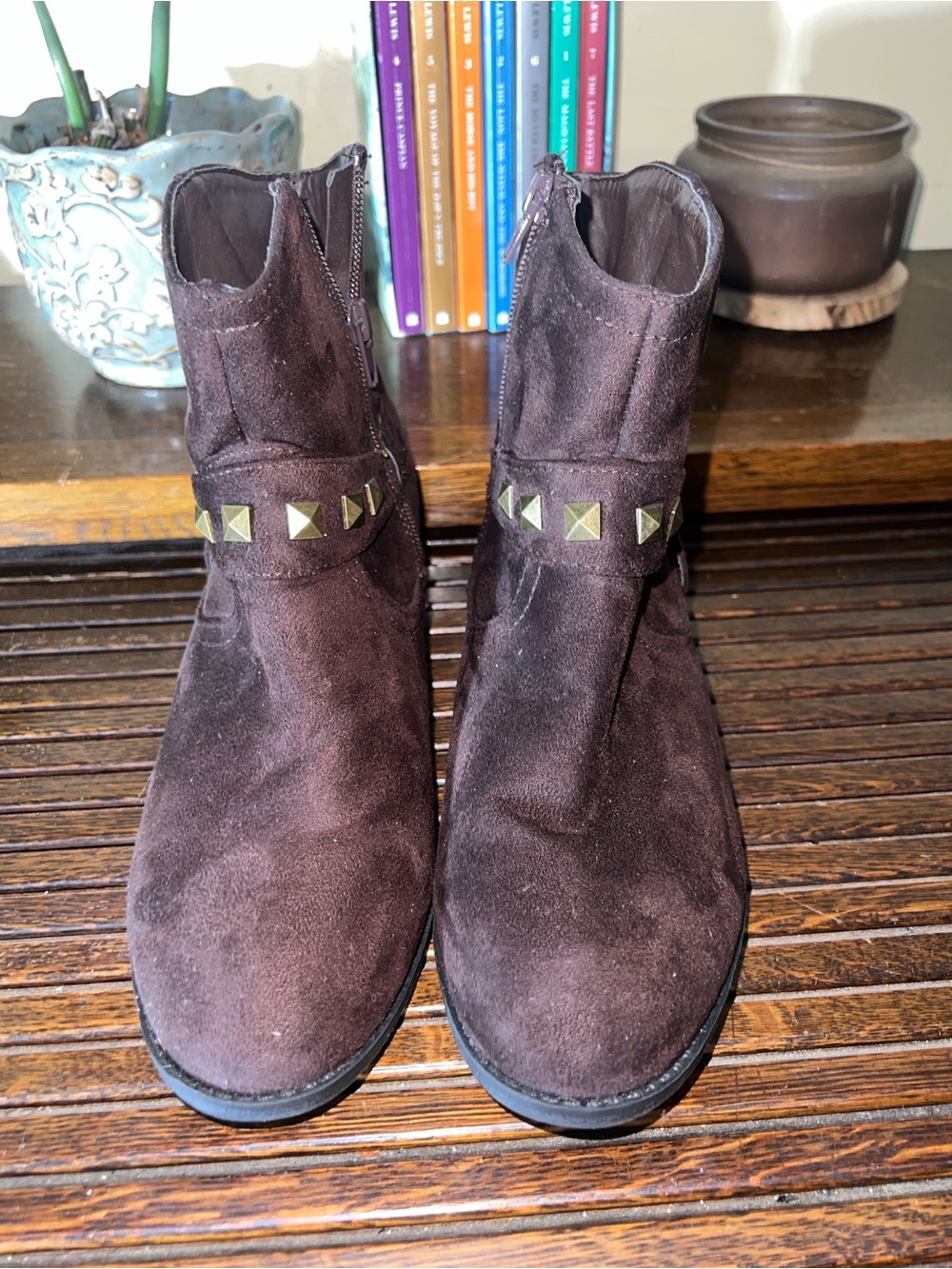 Life Stride Brown Suede Ankle Booties with Stud Strap